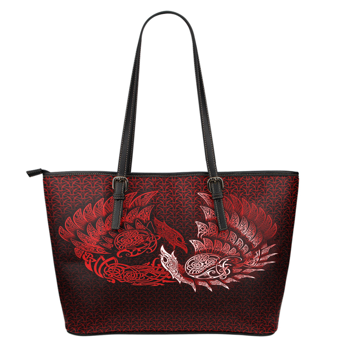 Viking Leather Tote Ragnarok Huginn Muninn Red Version Leather Tote RLT12 - Wonder Print Shop