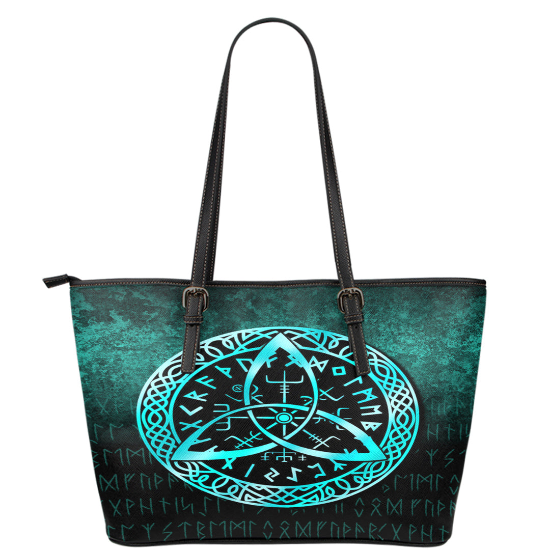 Viking Leather Tote Vegvisir Nordic Viking Rune Cyan Version Leather Tote RLT12 - Wonder Print Shop