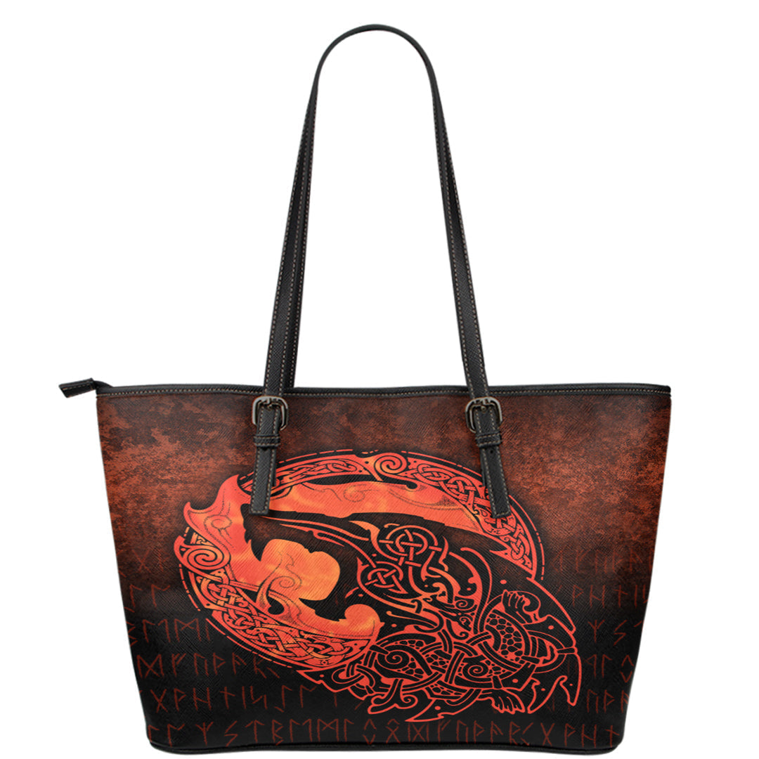Viking Leather Tote Fenrir Viking 3D Tattoo Orange Version Leather Tote RLT12 - Wonder Print Shop