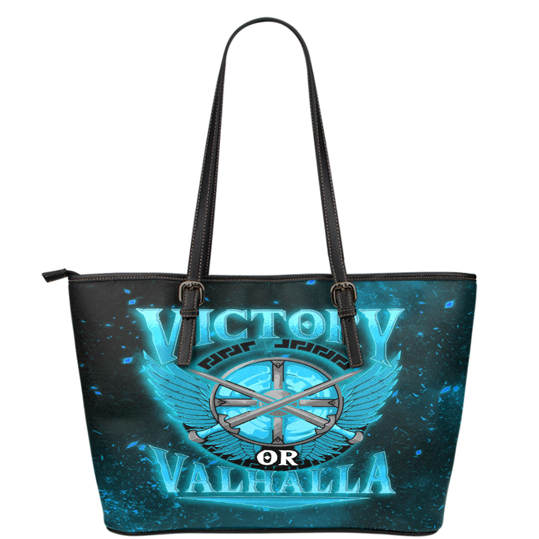 Viking Leather Tote Victory Or Valhalla Cyan Style Leather Tote RLT12 - Wonder Print Shop