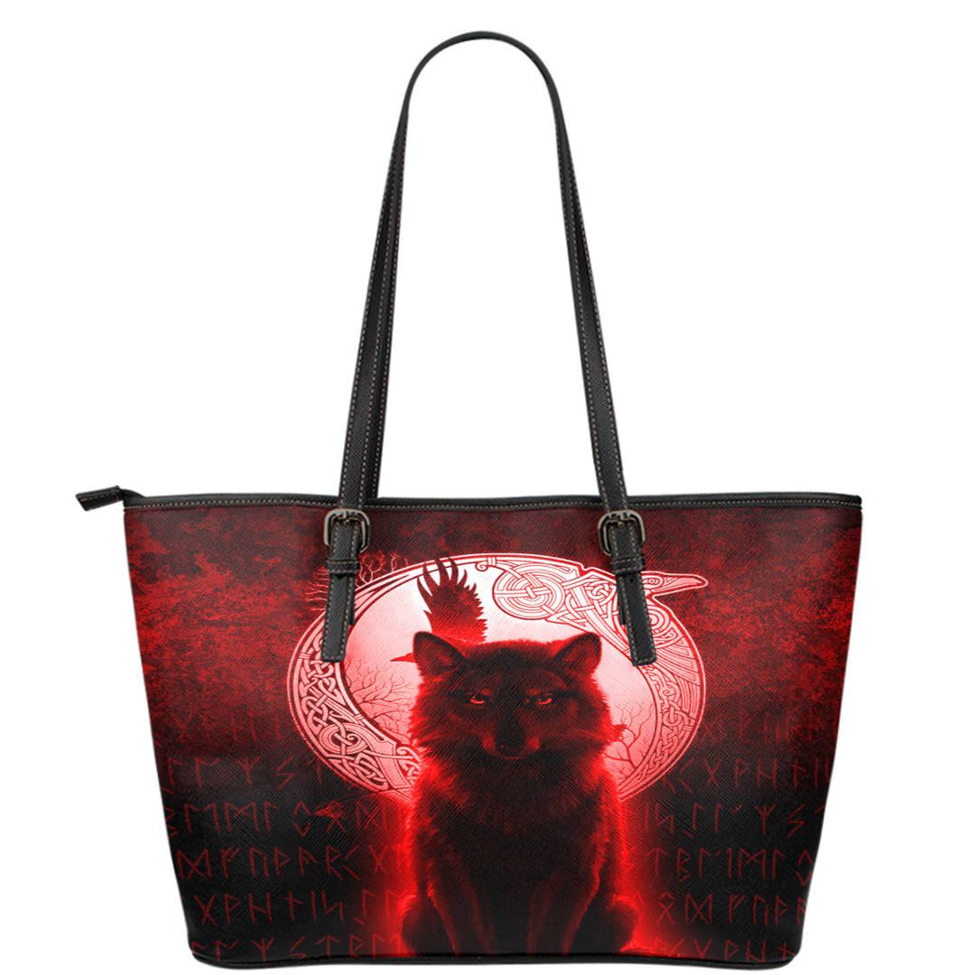 Viking Leather Tote Fenrir Viking Wolf Red Version Leather Tote RLT12 - Wonder Print Shop