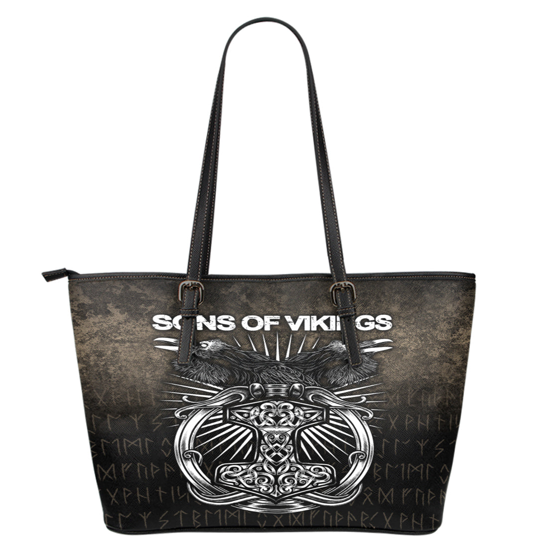 Viking Leather Tote Vikings Ravens Mjolnir Leather Tote RLT12 - Wonder Print Shop