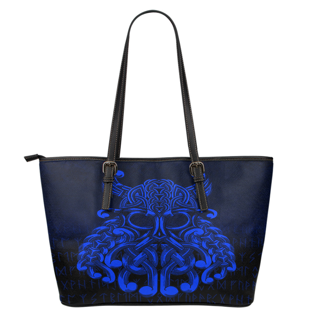 Viking Leather Tote Vikings Odin Valhalla Blue Version Leather Tote RLT12 - Wonder Print Shop