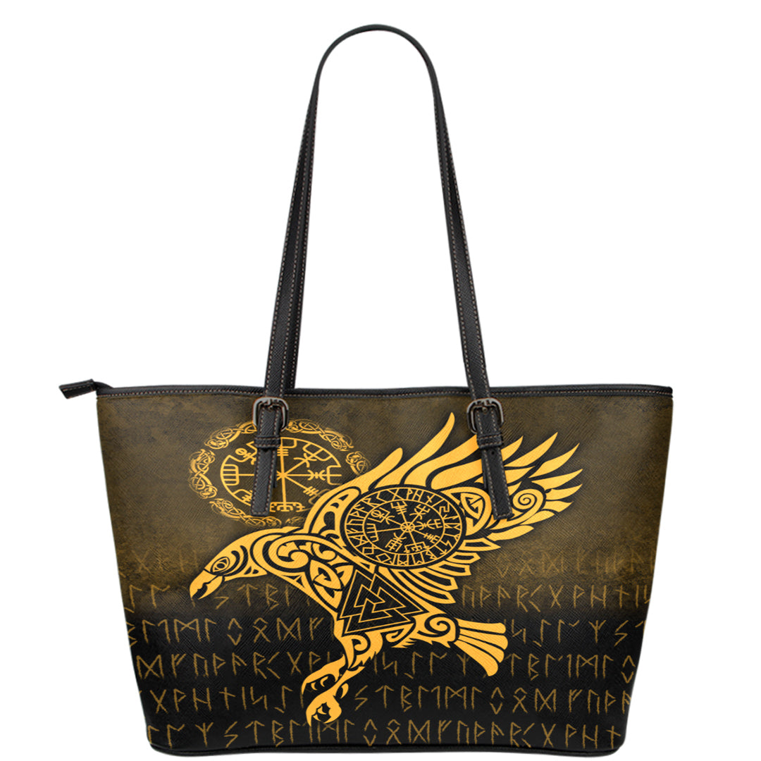 Viking Leather Tote Raven Vegvisir Tattoo Gold Version Leather Tote RLT12 - Wonder Print Shop