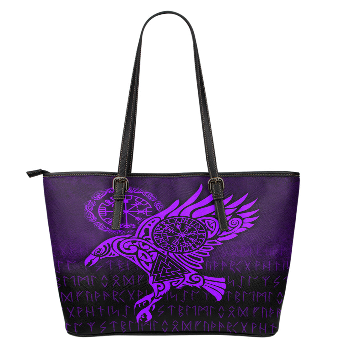 Viking Leather Tote Raven Vegvisir Tattoo Purple Version Leather Tote RLT12 - Wonder Print Shop