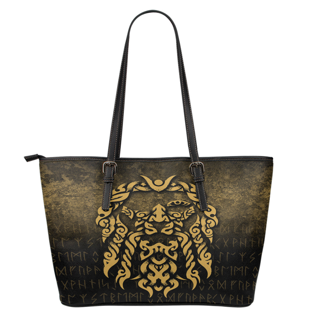 Viking Leather Tote Viking God Odin Allfather In Asgard Raven God Gold Version Leather Tote RLT12 - Wonder Print Shop