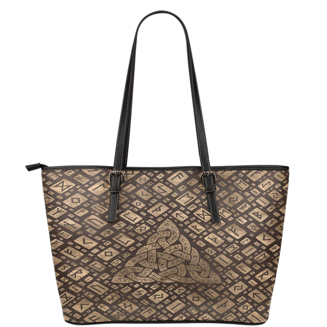 Viking Leather Tote Triquetra and Runic Alphabet Wood and Gold Leather Tote RLT12 - Wonder Print Shop