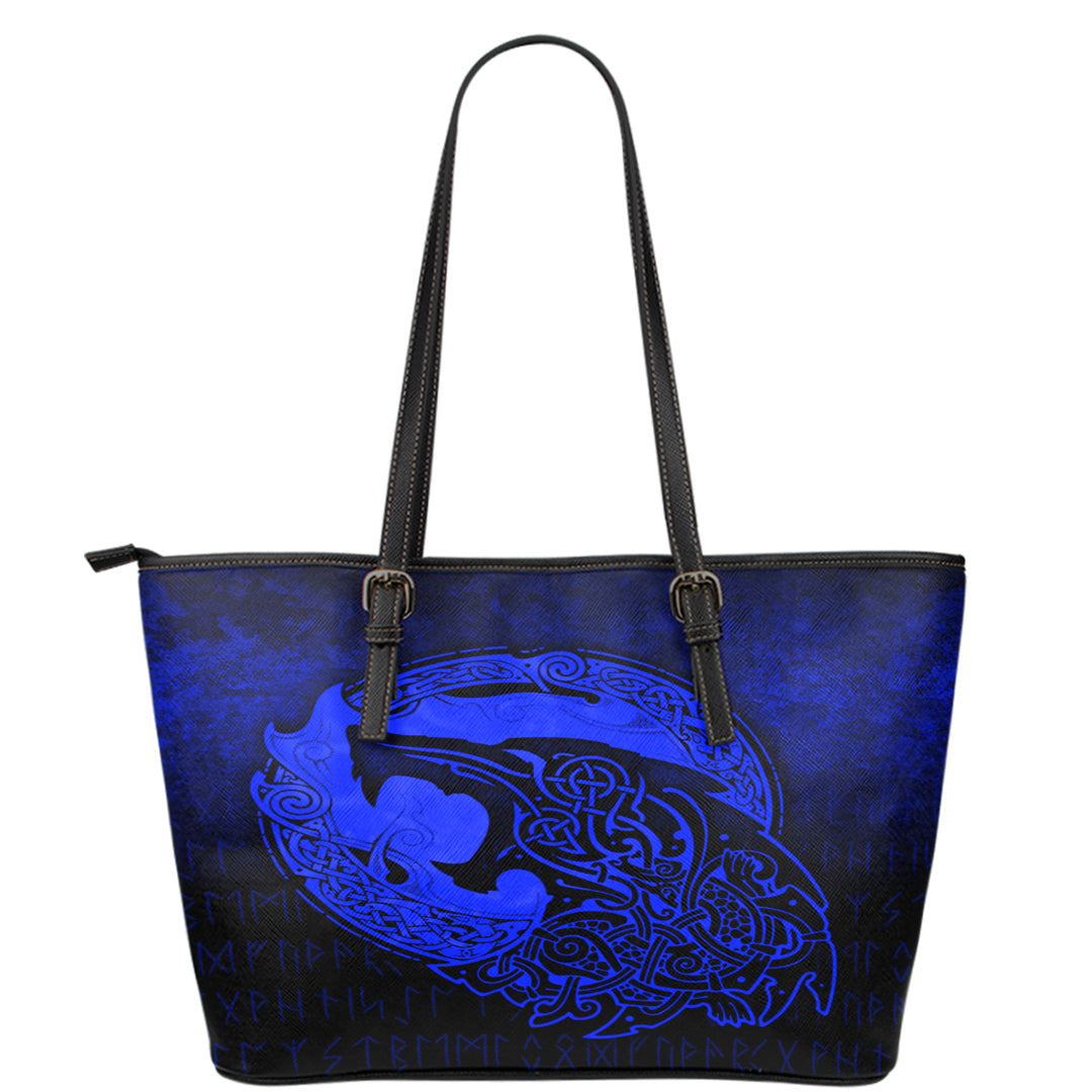 Viking Leather Tote Fenrir Viking 3D Tattoo Blue Version Leather Tote RLT12 - Wonder Print Shop