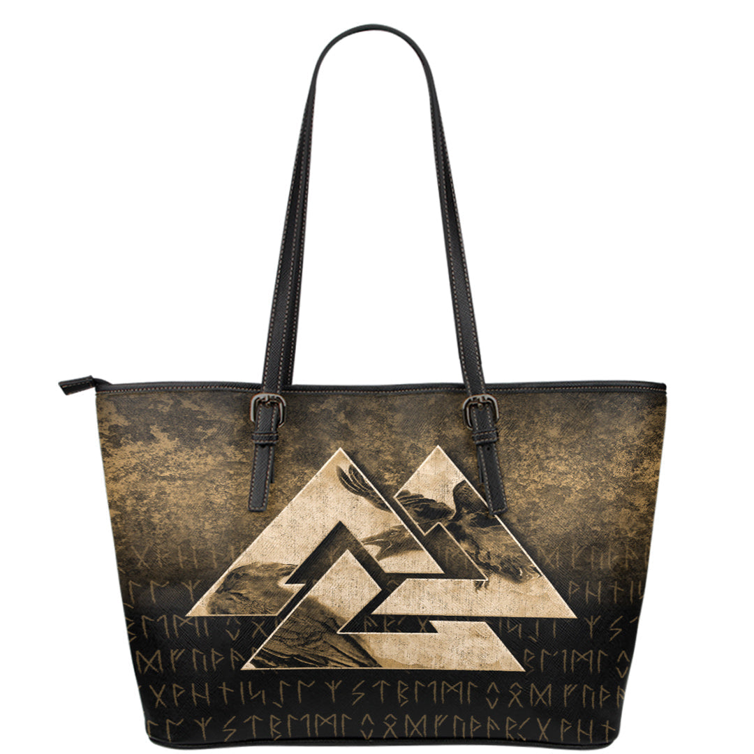 Viking Leather Tote Huginn Muninn Ravens from Odin Viking Gold Version Leather Tote RLT12 - Wonder Print Shop