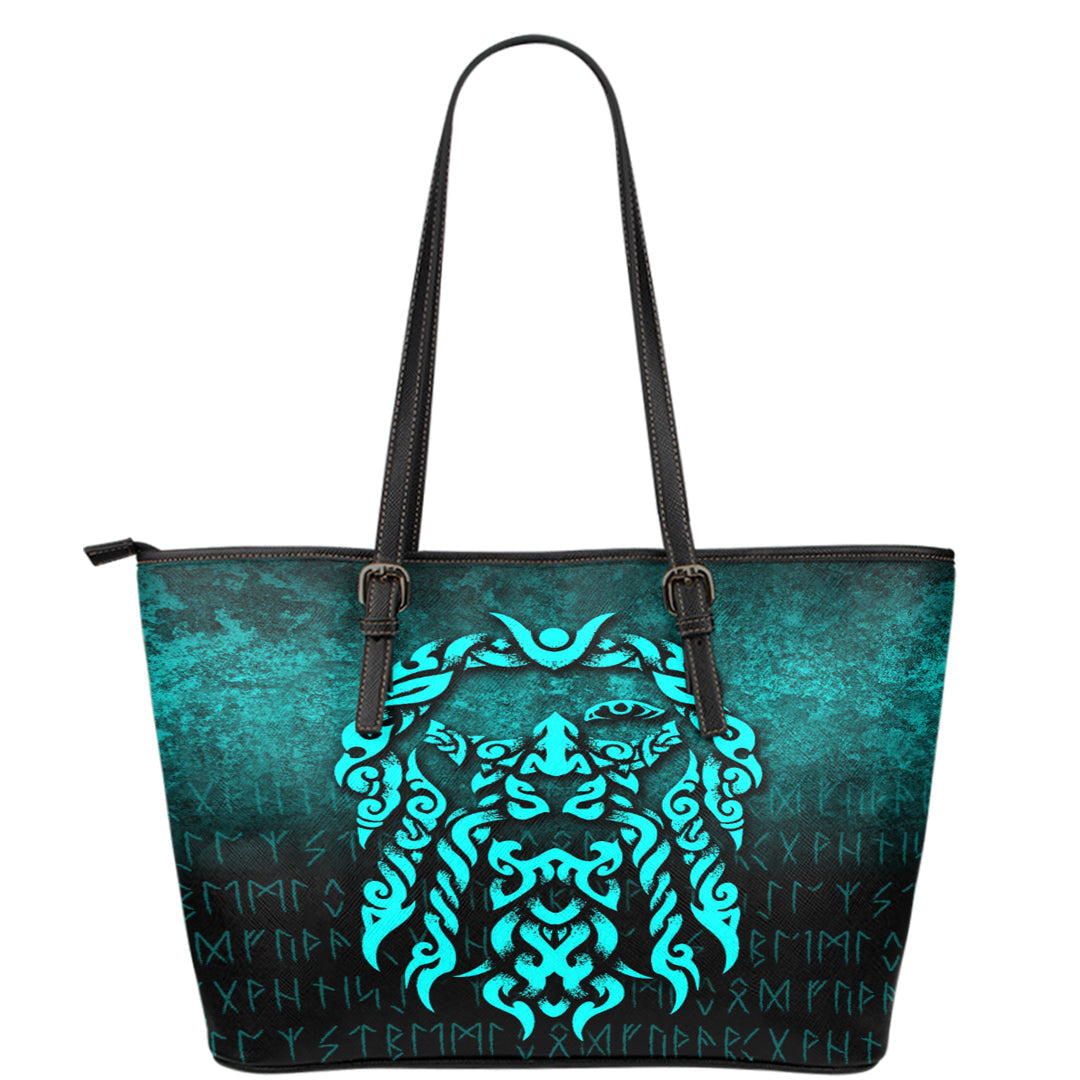 Viking Leather Tote Viking God Odin Allfather In Asgard Raven God Cyan Version Leather Tote RLT12 - Wonder Print Shop