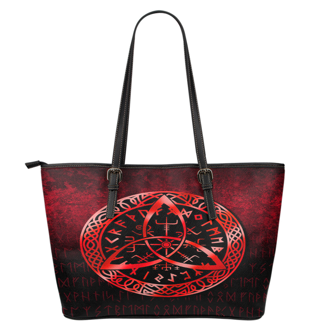 Viking Leather Tote Vegvisir Nordic Viking Rune Red Version Leather Tote RLT12 - Wonder Print Shop
