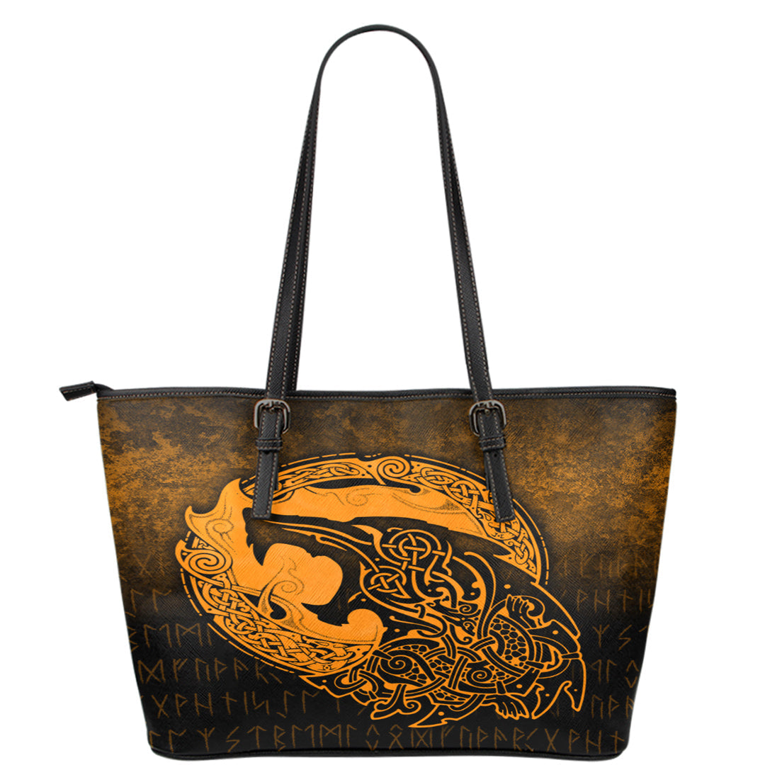 Viking Leather Tote Fenrir Viking 3D Tattoo Gold Version Leather Tote RLT12 - Wonder Print Shop