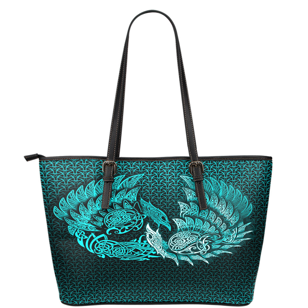 Viking Leather Tote Ragnarok Huginn Muninn Cyan Version Leather Tote RLT12 - Wonder Print Shop