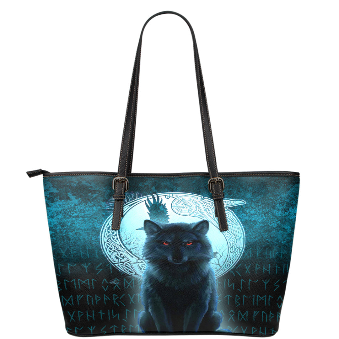 Viking Leather Tote Fenrir Viking Wolf Cyan Version Leather Tote RLT12 - Wonder Print Shop