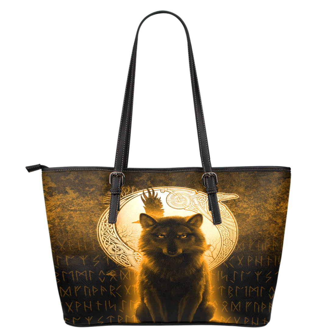 Viking Leather Tote Fenrir Viking Wolf Gold Version Leather Tote RLT12 - Wonder Print Shop