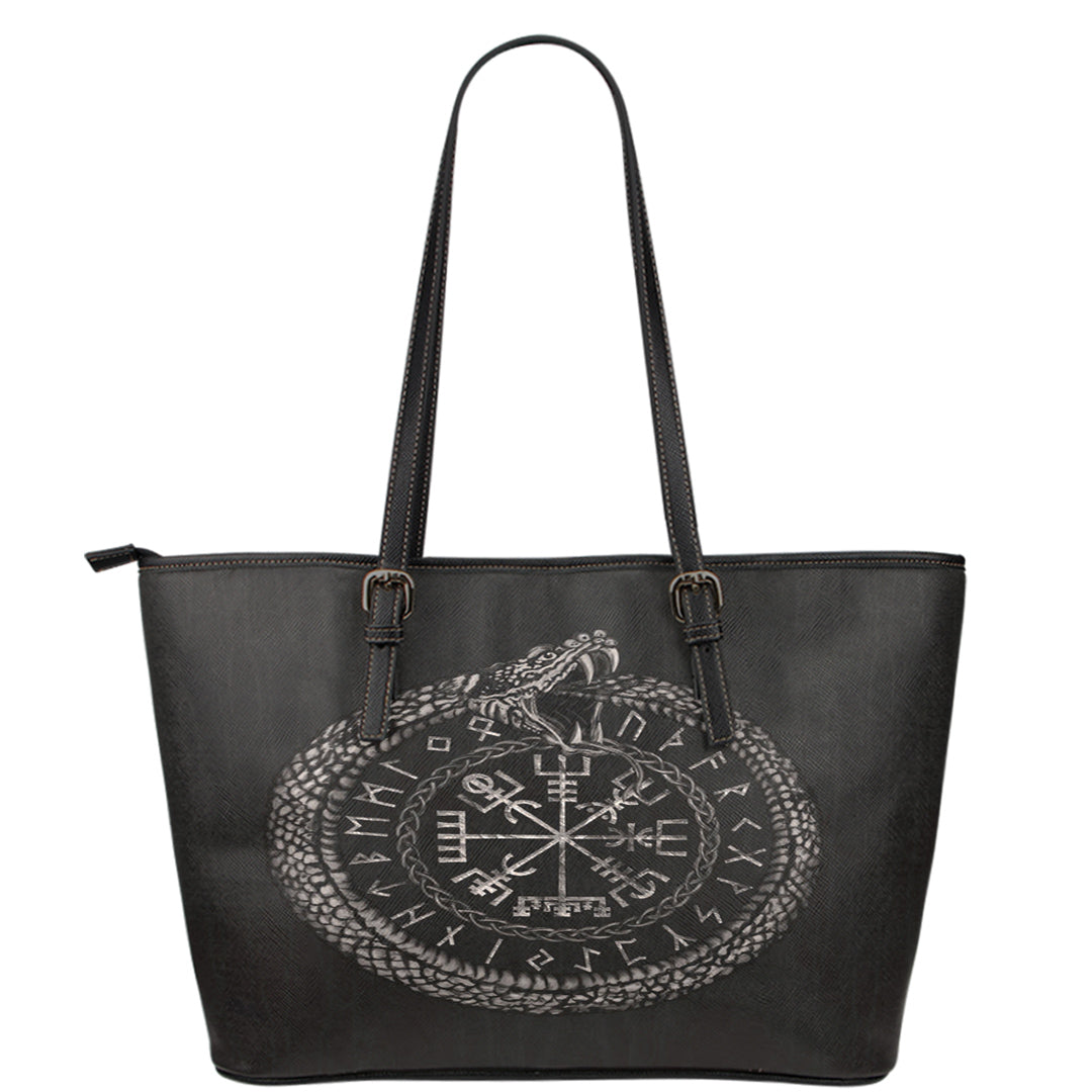 Viking Leather Tote Viking Vegvisir with Ouroboros and Runes Leather Tote RLT12 - Wonder Print Shop