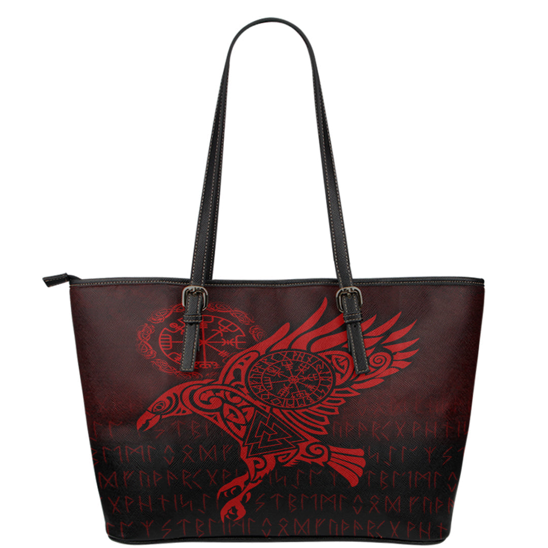 Viking Leather Tote Raven Vegvisir Tattoo Red Version Leather Tote RLT12 - Wonder Print Shop