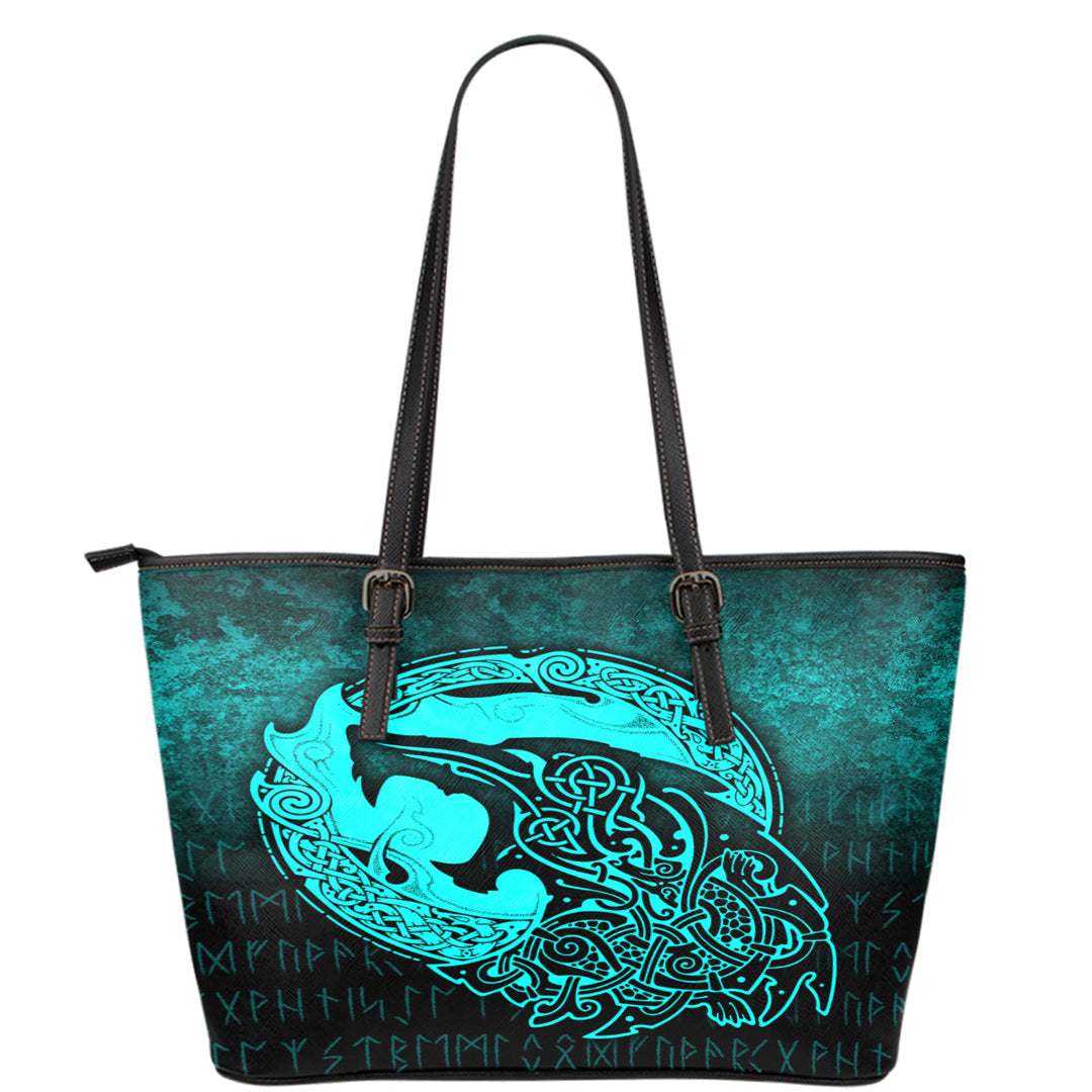 Viking Leather Tote Fenrir Viking 3D Tattoo Cyan Version Leather Tote RLT12 - Wonder Print Shop
