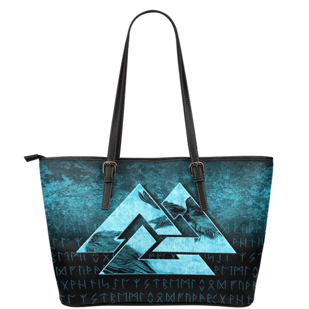 Viking Leather Tote Huginn Muninn Ravens from Odin Viking Cyan Version Leather Tote RLT12 - Wonder Print Shop