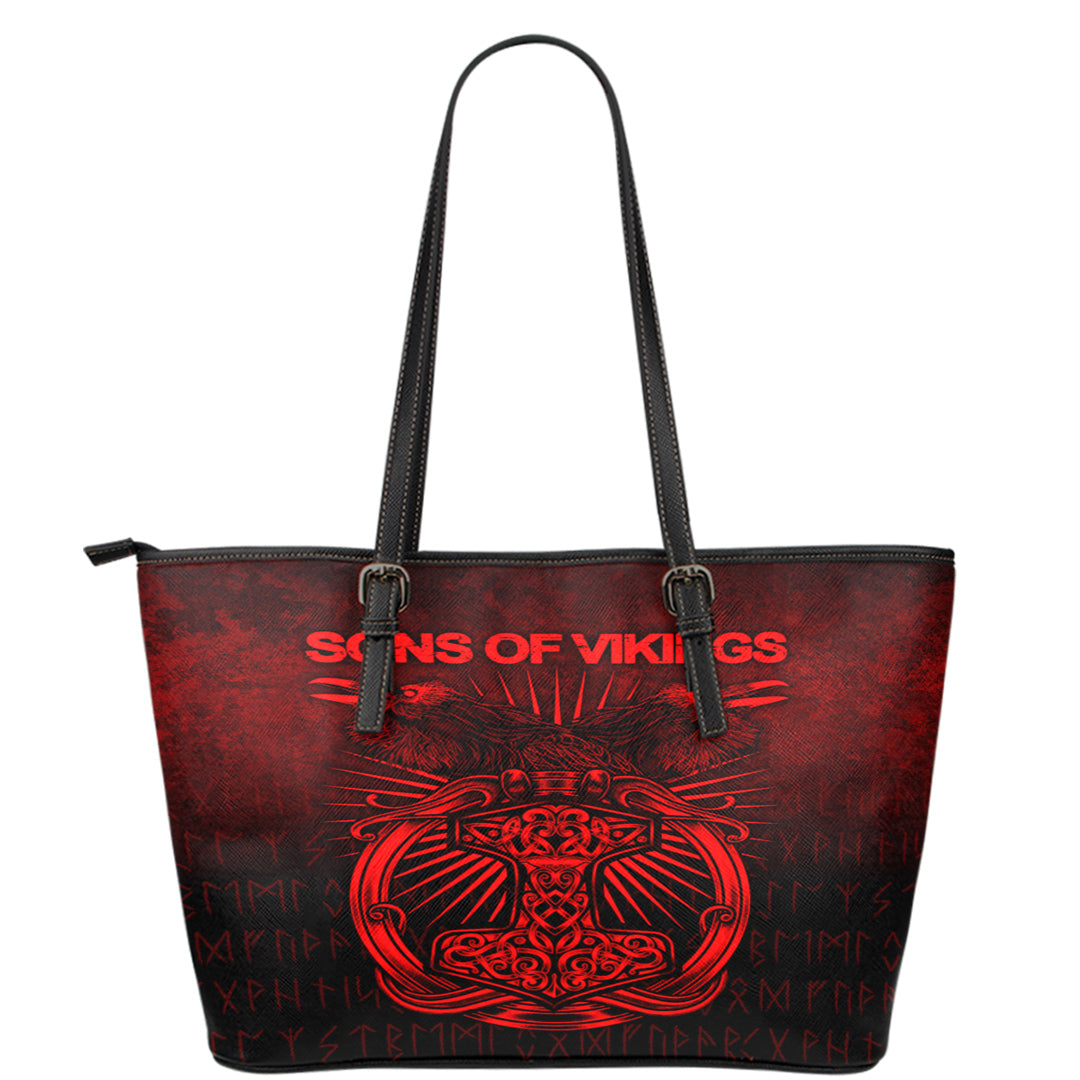 Viking Leather Tote Vikings Ravens Mjolnir Red Version Leather Tote RLT12 - Wonder Print Shop