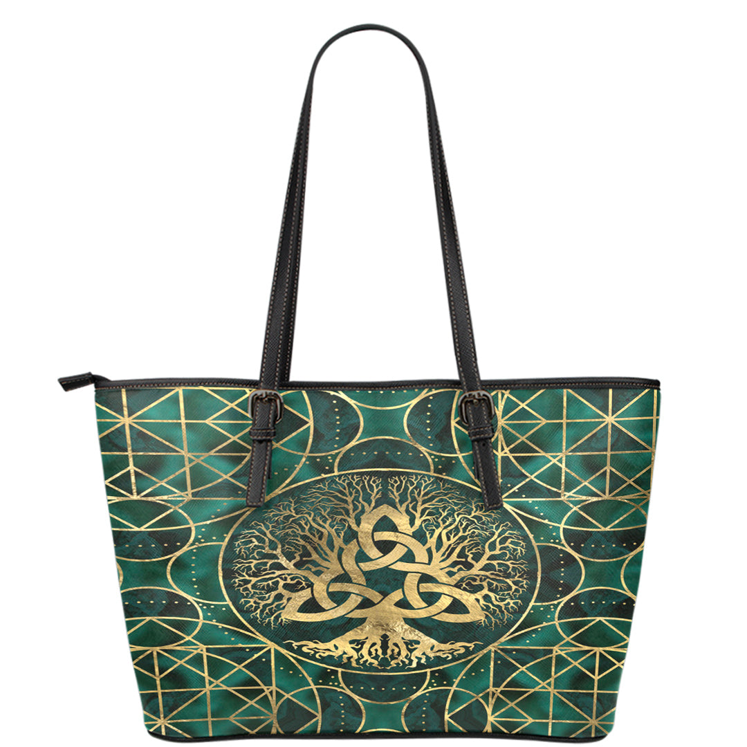 Viking Leather Tote Tree Of Life with Triquetra Malachite and Gold Leather Tote RLT12 - Wonder Print Shop