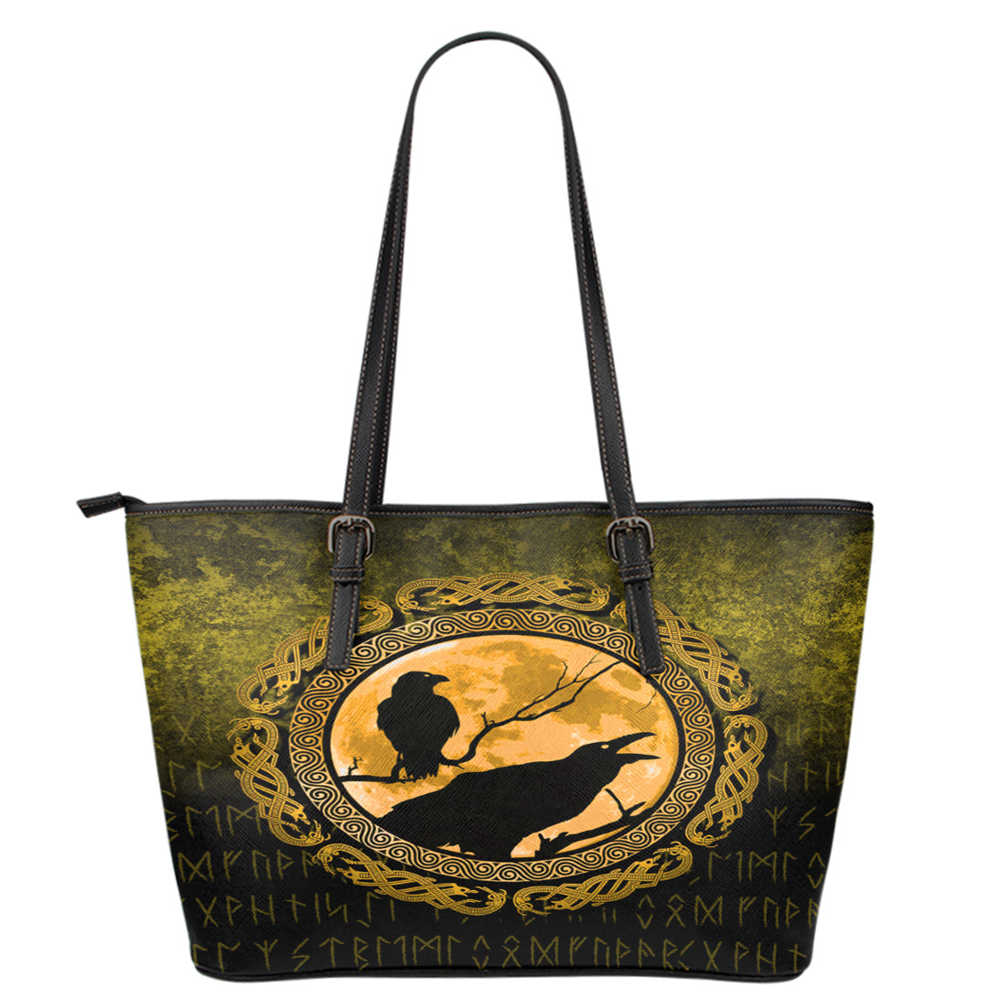 Viking Leather Tote Vikings Huginn Muninn Odin Ravens Gold Version Leather Tote RLT12 - Wonder Print Shop