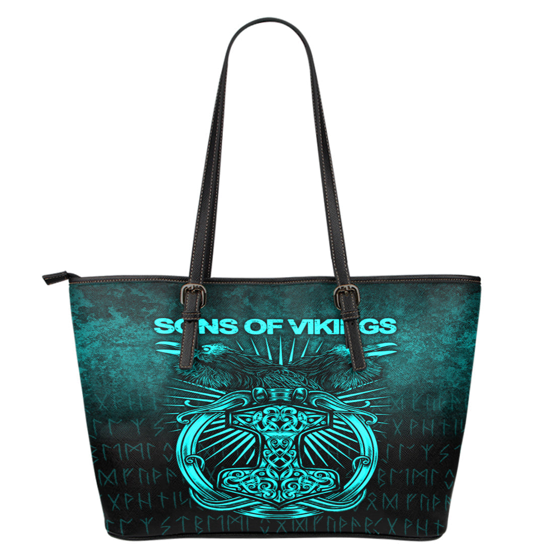 Viking Leather Tote Vikings Ravens Mjolnir Cyan Version Leather Tote RLT12 - Wonder Print Shop