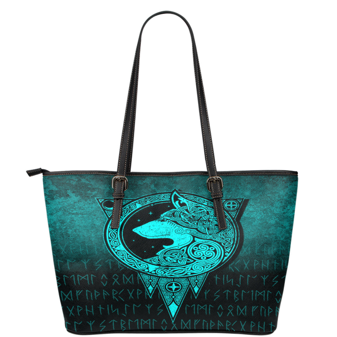 Viking Leather Tote Viking Norse Wolf Cyan Version Leather Tote RLT12 - Wonder Print Shop
