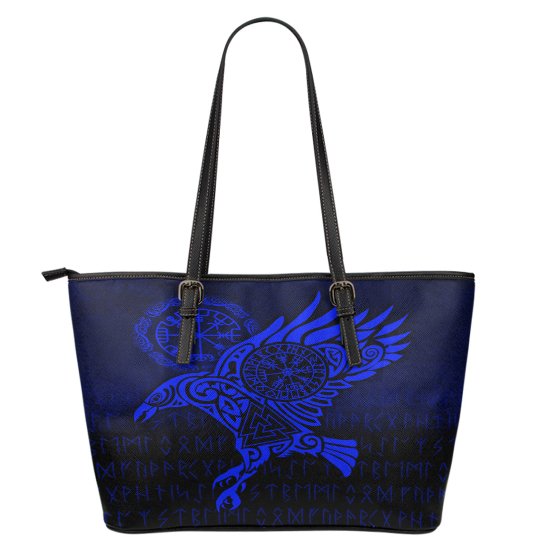 Viking Leather Tote Raven Vegvisir Tattoo Blue Version Leather Tote RLT12 - Wonder Print Shop