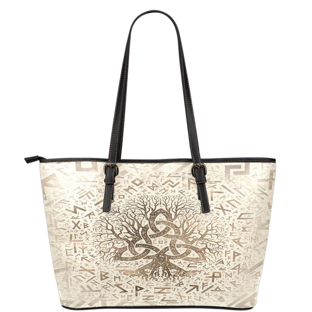 Viking Leather Tote Tree Of Life with Triquetra and Futhark Pastel Gold Leather Tote RLT12 - Wonder Print Shop