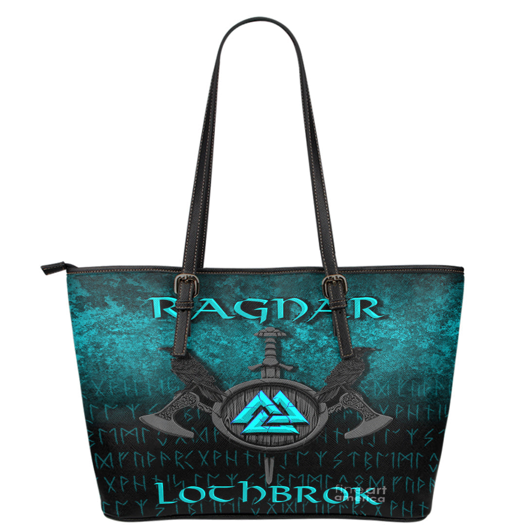 Viking Leather Tote Ragnar Lothbrok Ragnar Lodbrok Viking Warrior Cyan Version Leather Tote RLT12 - Wonder Print Shop