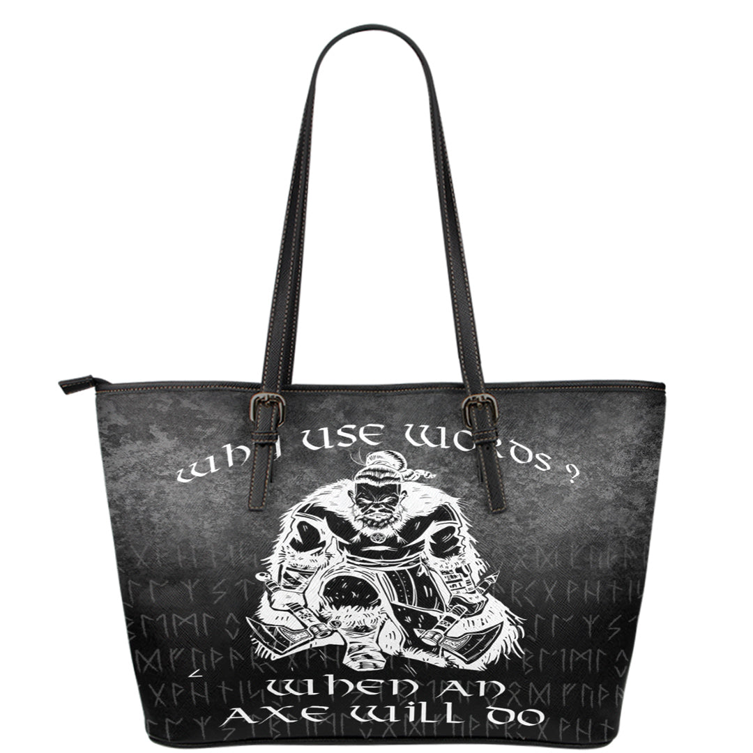 Viking Leather Tote Why Use Words? When An Axe Will Do Leather Tote RLT12 - Wonder Print Shop