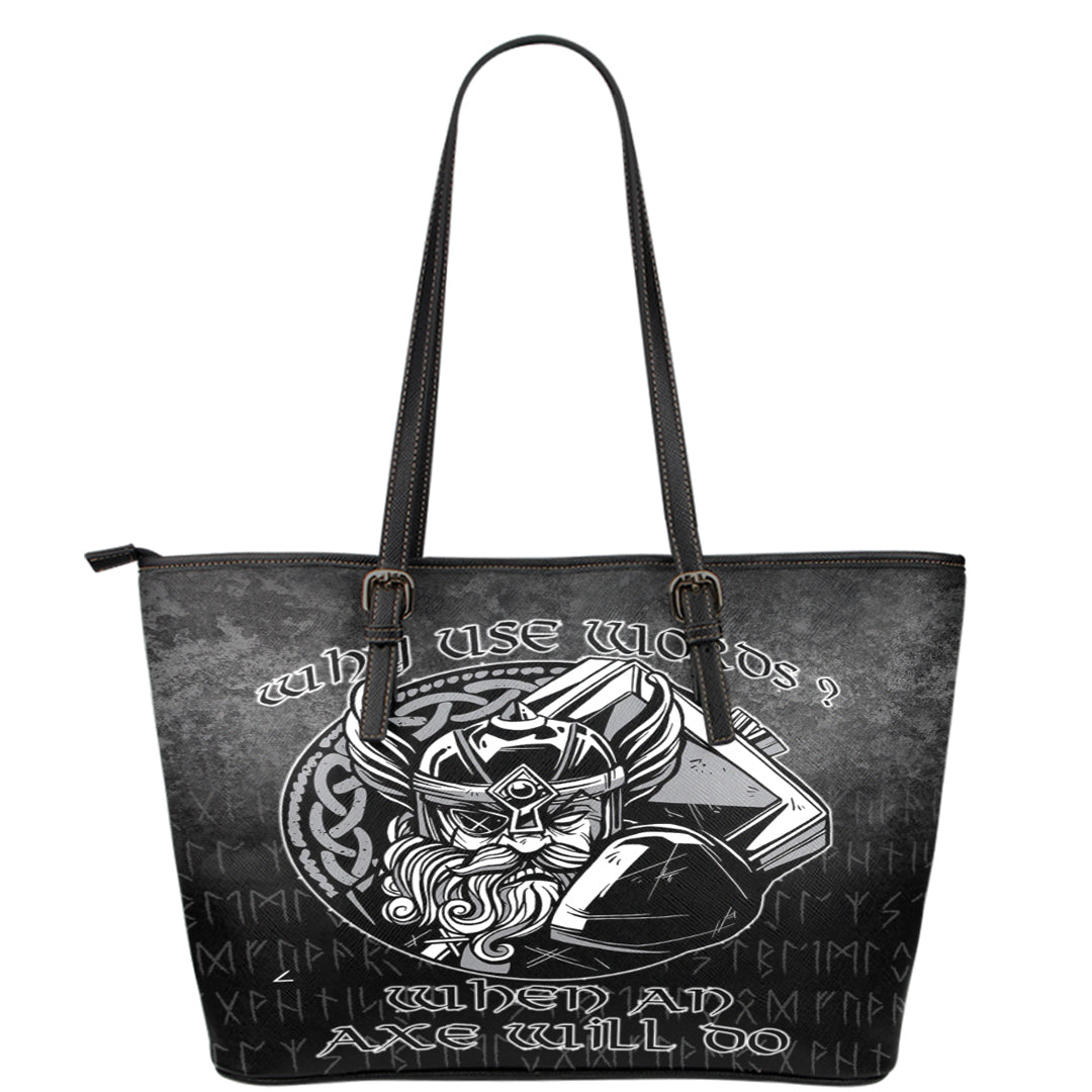 Viking Leather Tote Why Use Words? When An Axe Will Do Leather Tote RLT12 - Wonder Print Shop