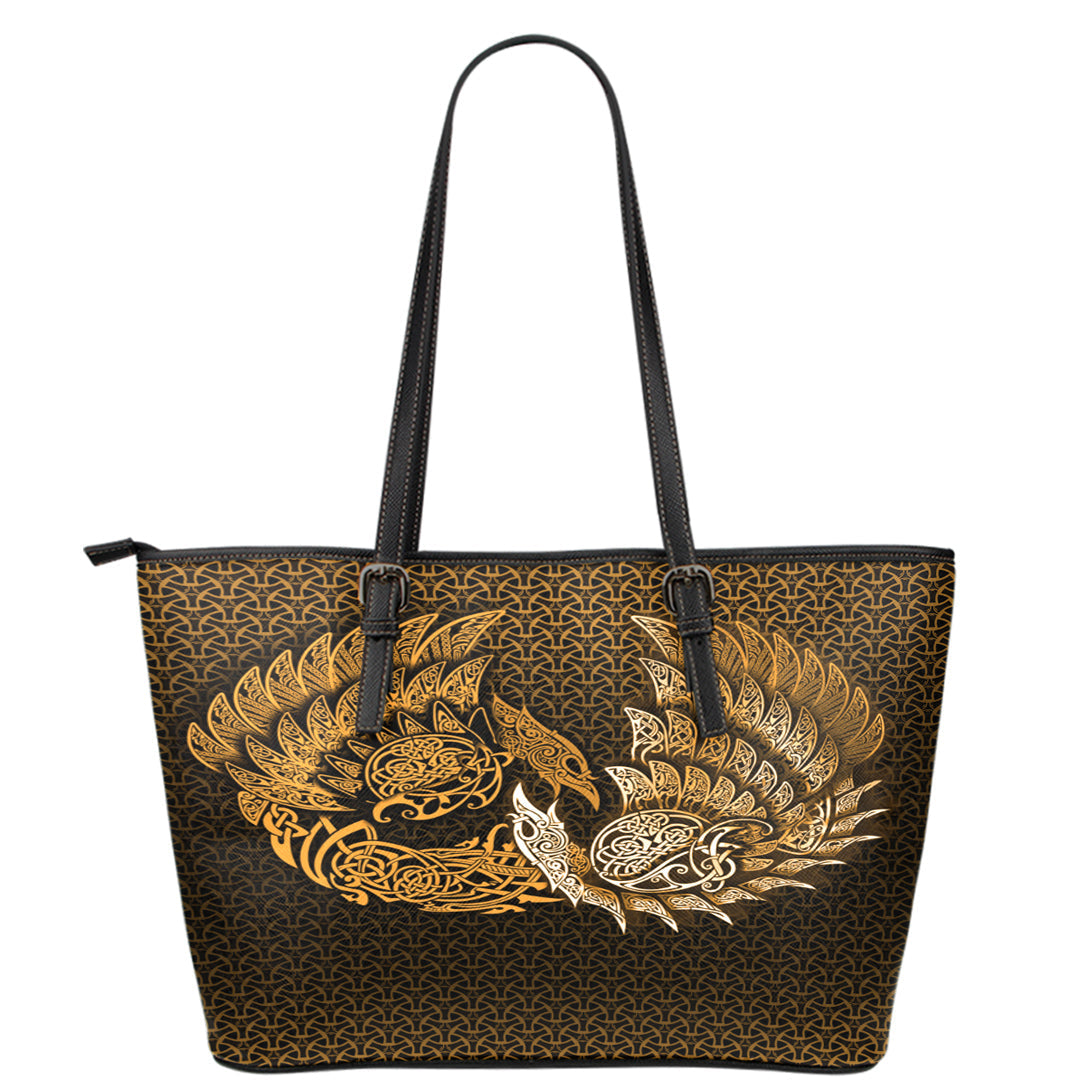 Viking Leather Tote Ragnarok Huginn Muninn Gold Version Leather Tote RLT12 - Wonder Print Shop