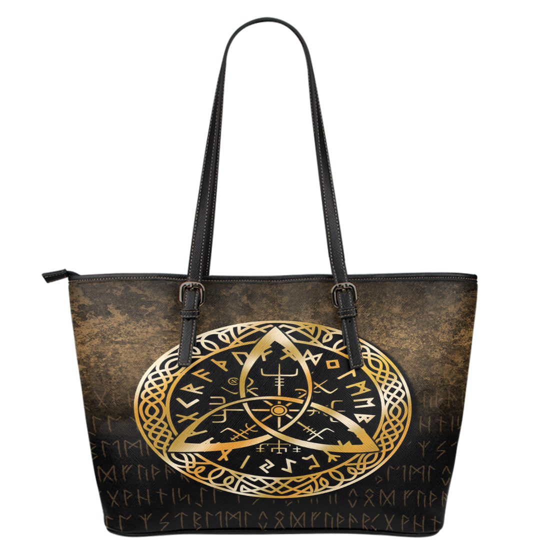 Viking Leather Tote Vegvisir Nordic Viking Rune Gold Version Leather Tote RLT12 - Wonder Print Shop