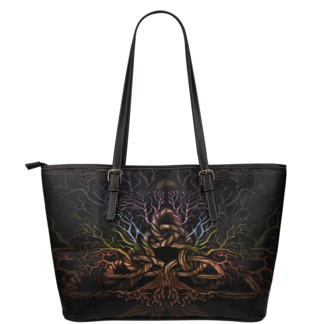 Viking Leather Tote Colorful Tree Of Life With Triquetra Leather Tote RLT12 - Wonder Print Shop