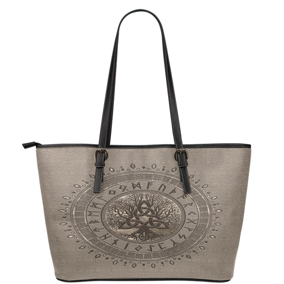 Viking Leather Tote Tree Of Life with Triquetra Beige Leather Tote RLT12 - Wonder Print Shop