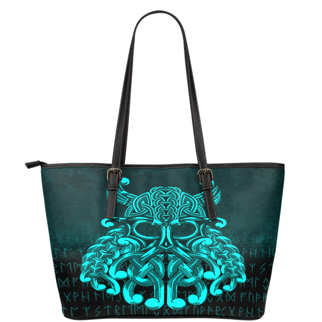 Viking Leather Tote Vikings Odin Valhalla Cyan Version Leather Tote RLT12 - Wonder Print Shop