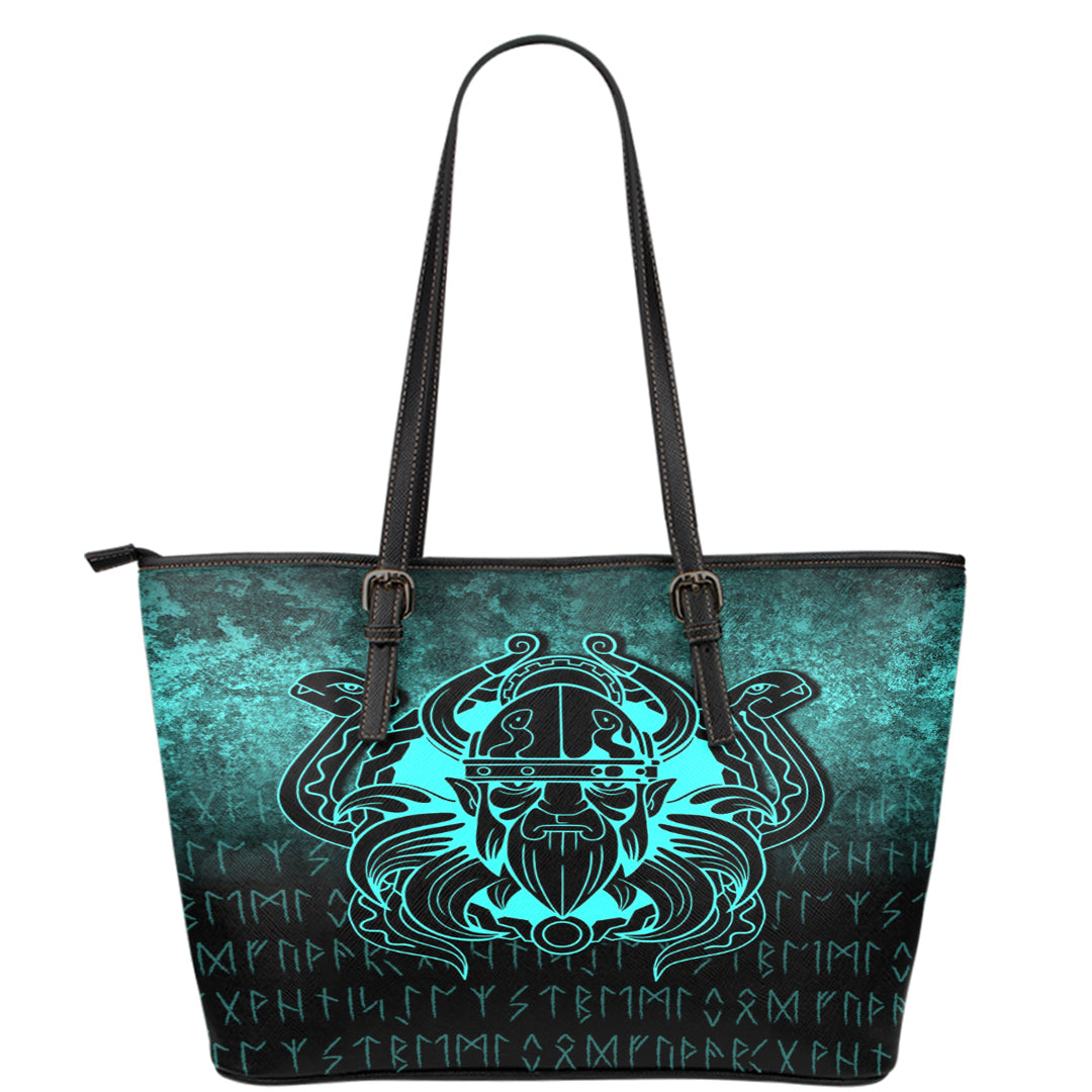 Viking Leather Tote Nordic Warrior Valhalla Norse Cyan Version Leather Tote RLT12 - Wonder Print Shop