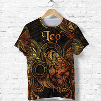 Leo zodiac Polynesian T-shirt with lion head graphic, black base and gold accents