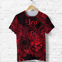 Red and black Leo zodiac Polynesian T-shirt with detailed lion face graphic