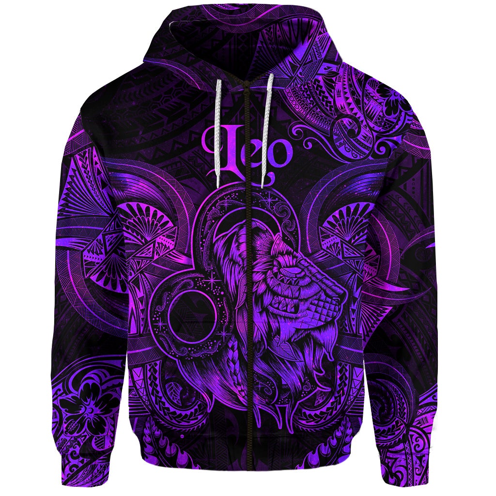 Custom Leo Zodiac Polynesian Zip Hoodie Unique Style Purple LT8 - Wonder Print Shop