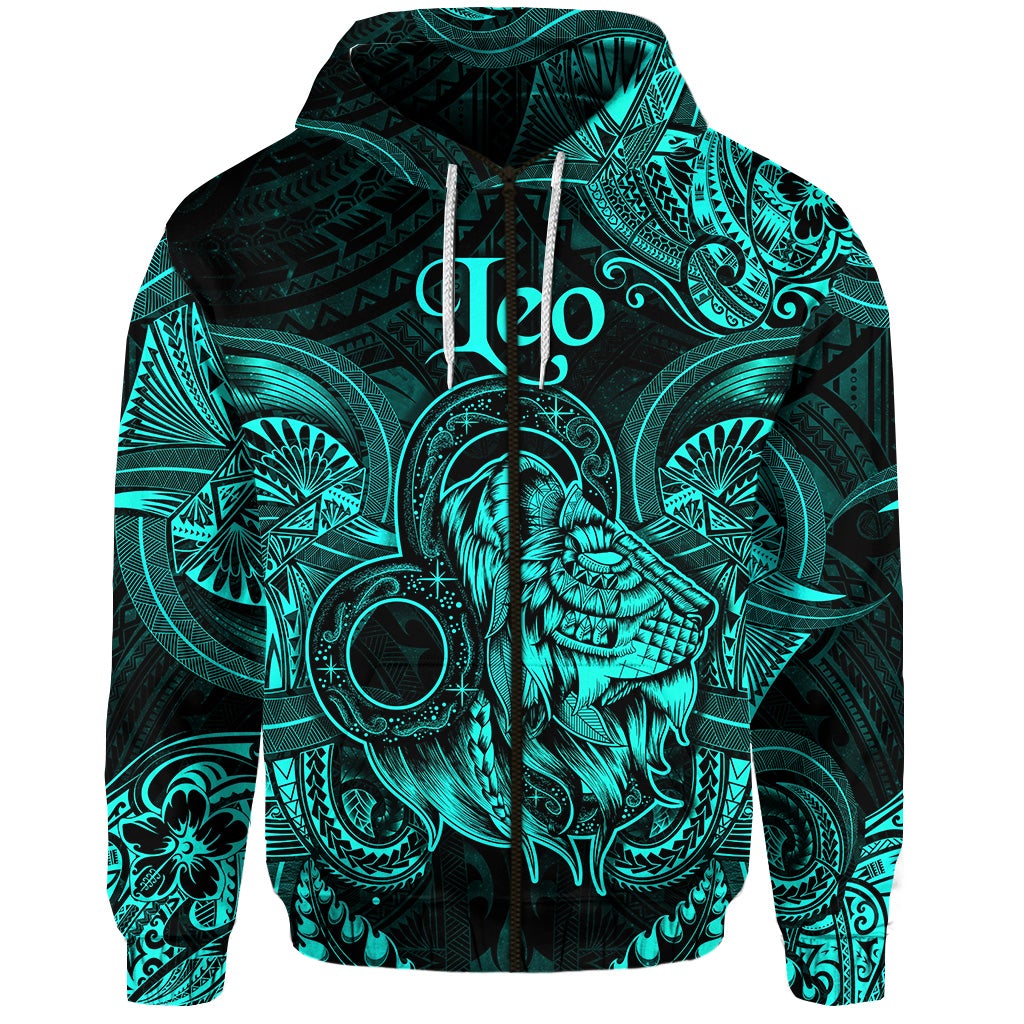 Custom Leo Zodiac Polynesian Zip Hoodie Unique Style Turquoise LT8 - Wonder Print Shop