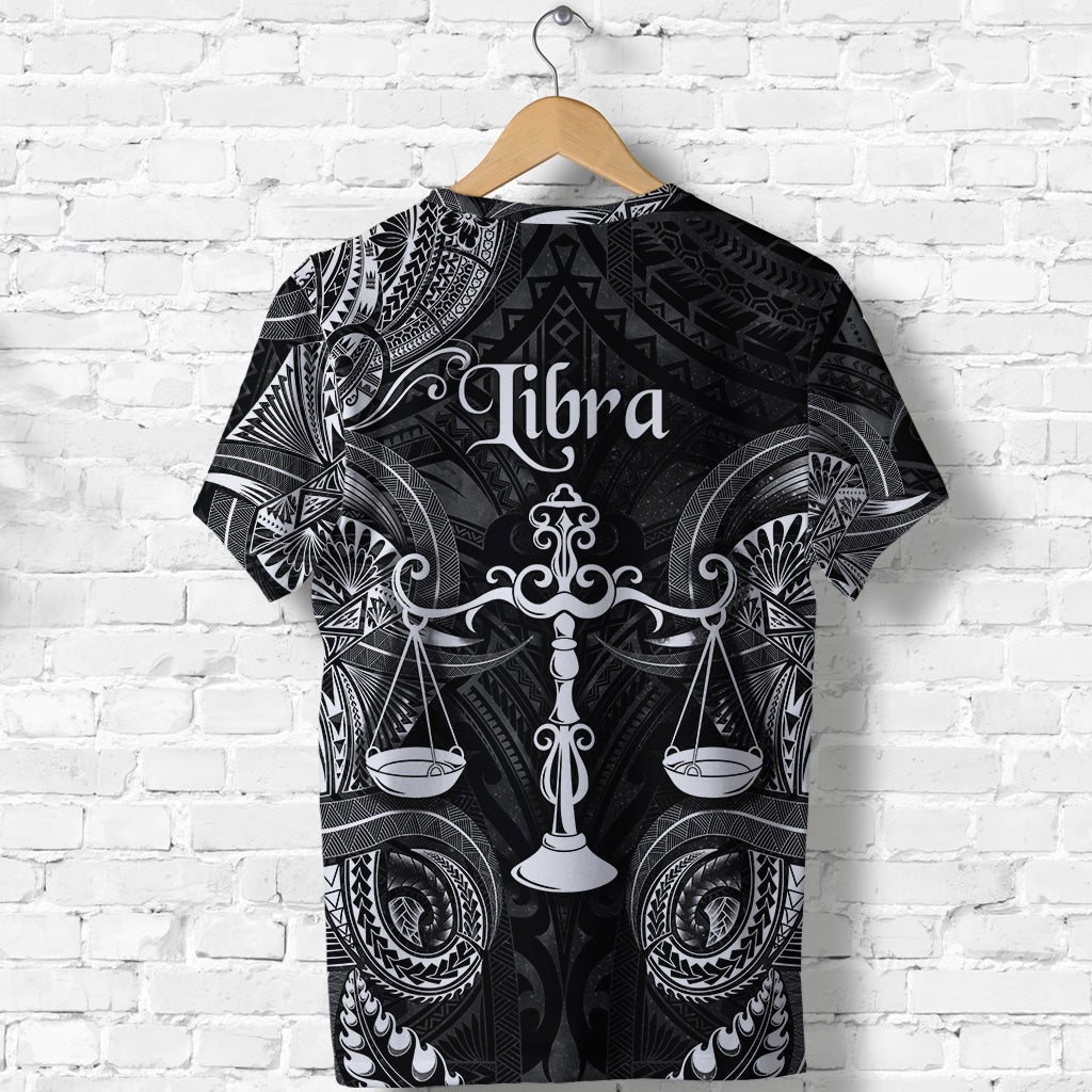 Black Libra T-shirt with tribal white Polynesian motifs and central scale balance emblem