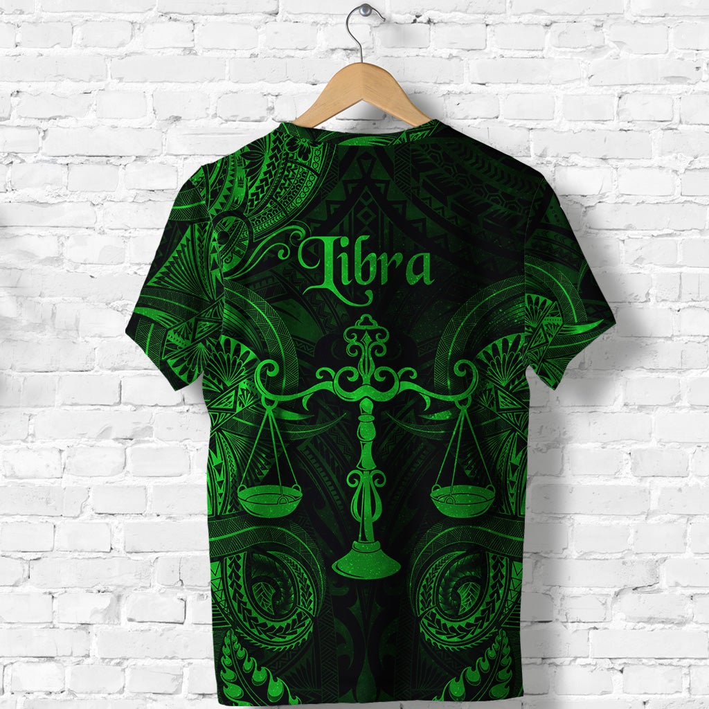 Green Libra Polynesian T-shirt with Libra text and ornate scale emblem