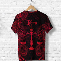 Back view red/black Libra T-shirt with Polynesian medallion patterns and scales emblem