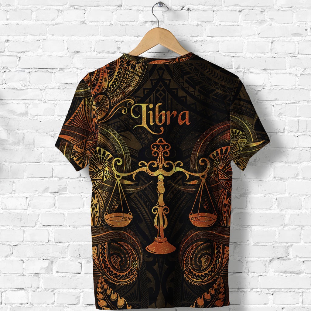 Dark Libra zodiac T-shirt, gold lettering with central hanging balance scale