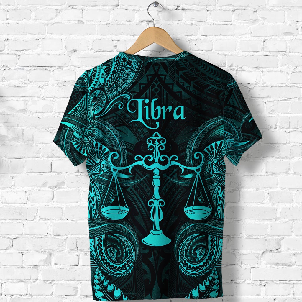 Turquoise Libra zodiac Polynesian T-shirt, back view with scales graphic and teal motifs