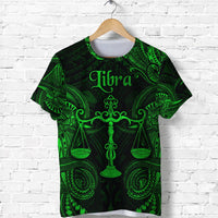 Green Libra zodiac T-shirt with Polynesian cross-pattern and scales graphic