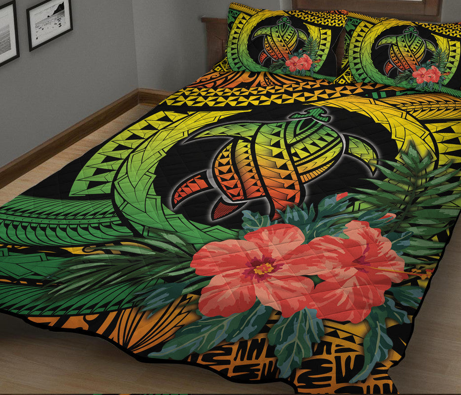 Polynesian Turtle Quilt Bed Set Circle Turtle Hibiscus Reggae - Wonder Print Shop